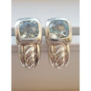 Vintage Judith Ripka 925 Sterling Silver  Blue Topaz Semi Hoop Stud Earrings